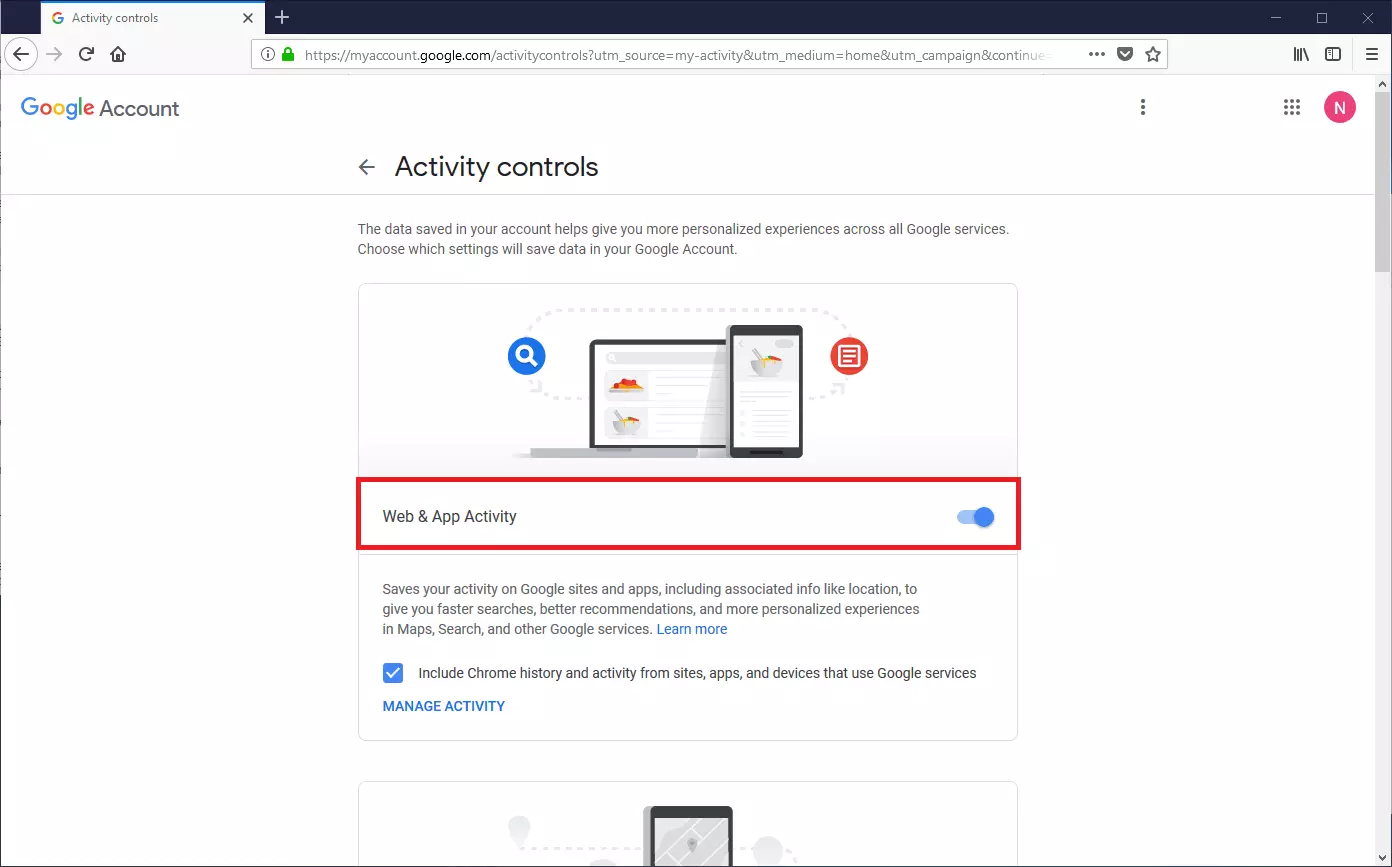 The Google activity controls