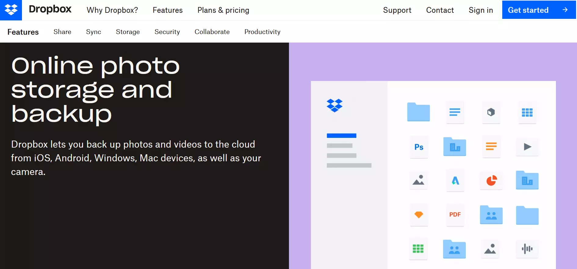 Screenshot of the Dropbox page “Storage space for pictures”