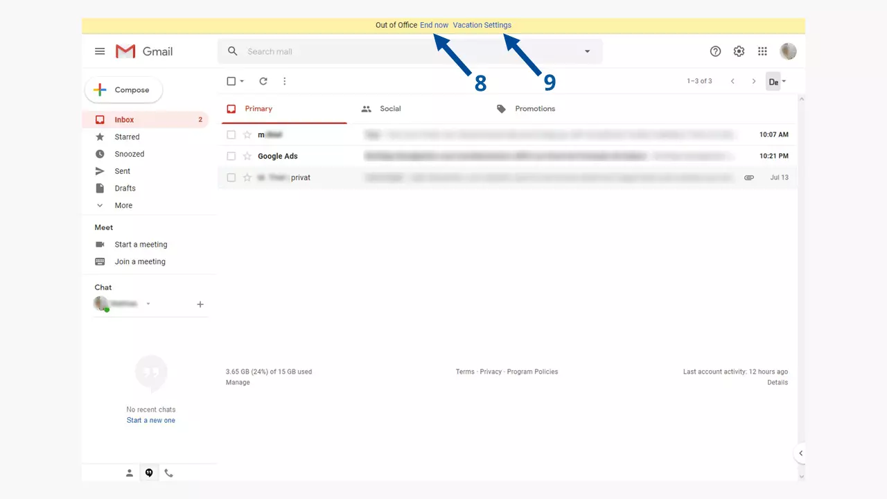 Gmail out-of-office note: the active out-of-office note is displayed in color