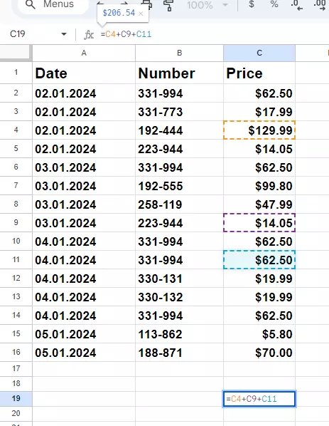 Screenshot of an formula using addition in Google Sheets