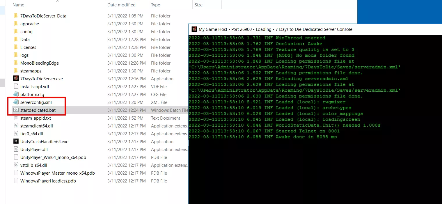 7 Days to Die: Configuration file, BAT script, and server console