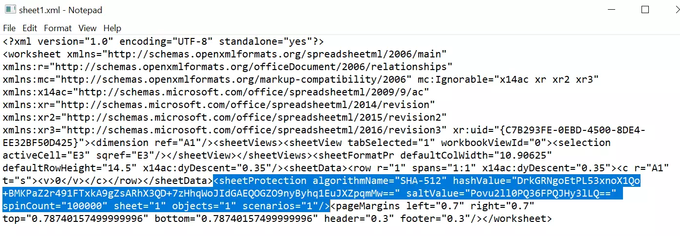 The XML file of a worksheet opened in the Windows editor with the sheet protection entry marked