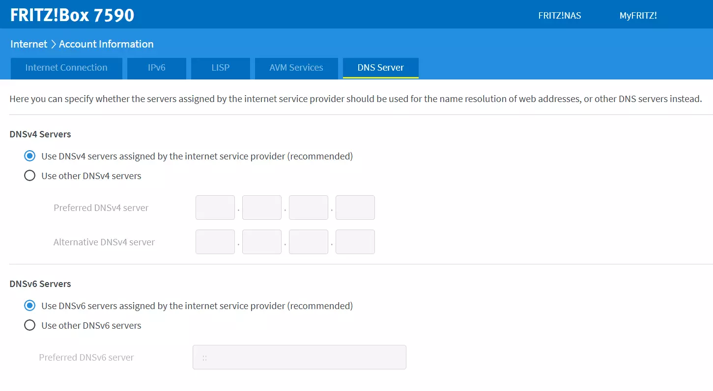 Administration interface of the Fritz!Box 7590 router with settings for the DNS servers