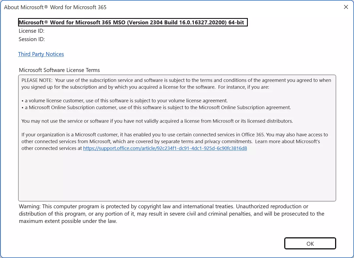 Microsoft Office: The “About Microsoft” dialog window