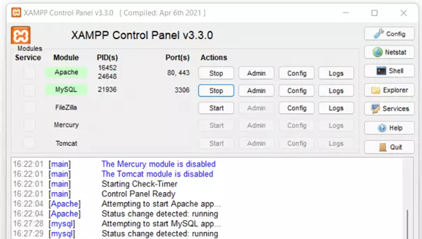 Screenshot of XAMPP control panel