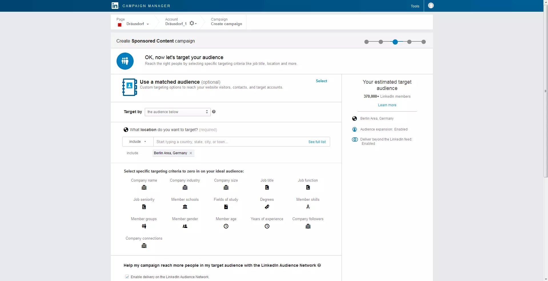 Entry page for defining the target group