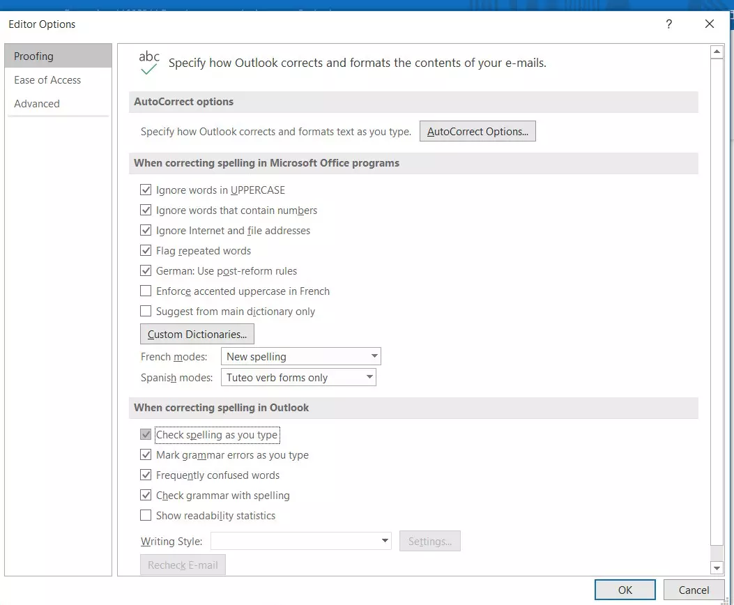 Outlook: Menu “Proofing”