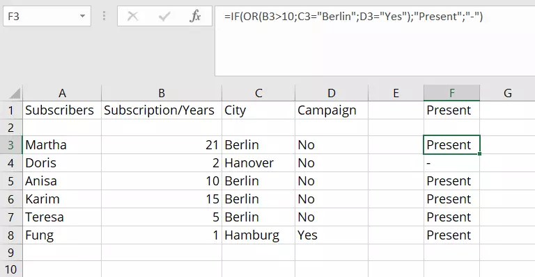 Excel OR function in practice