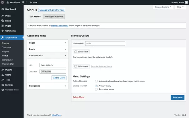 Define individual link to WordPress dashboard