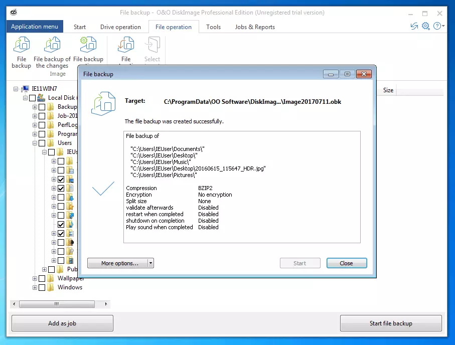 O&O DiskImage Professional 11.0: Summary of the performed data backup