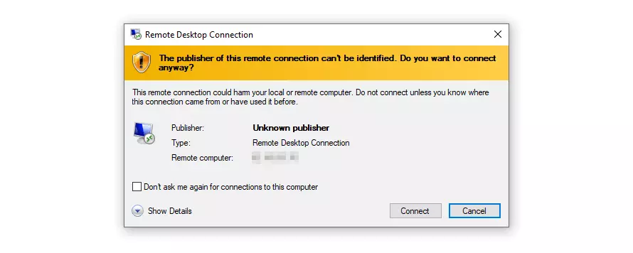 Windows dialog: Establishing the remote connection to the server