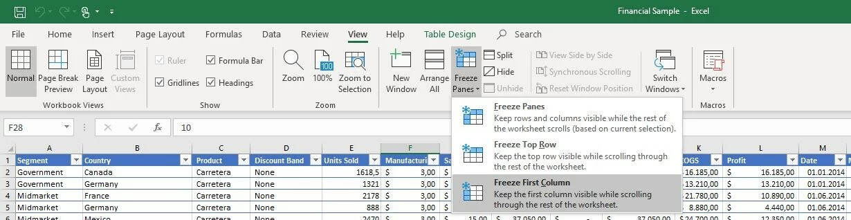 Excel 2016: The “Freeze Panes” menu