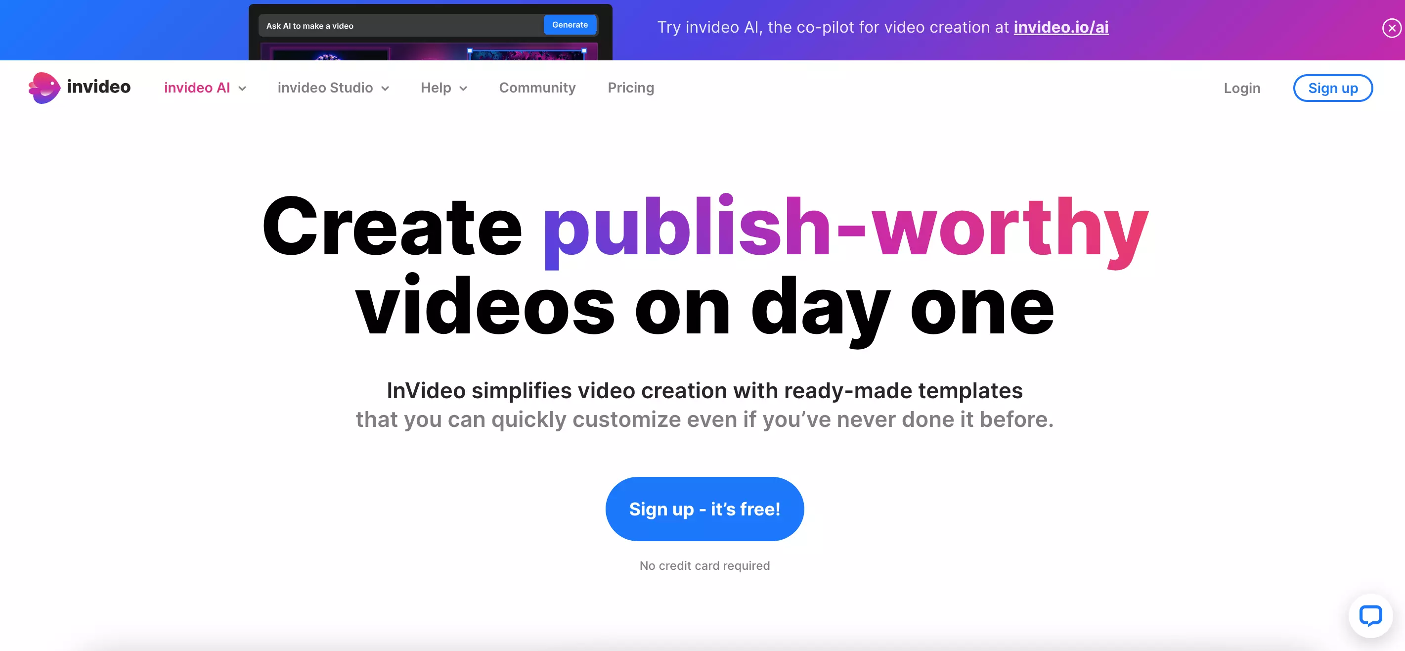 Screenshot of InVideo homepage