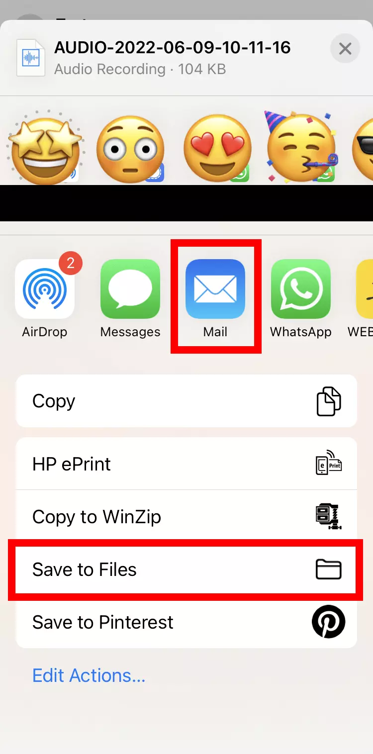 iPhone screenshot of how you can export a WhatsApp voice message