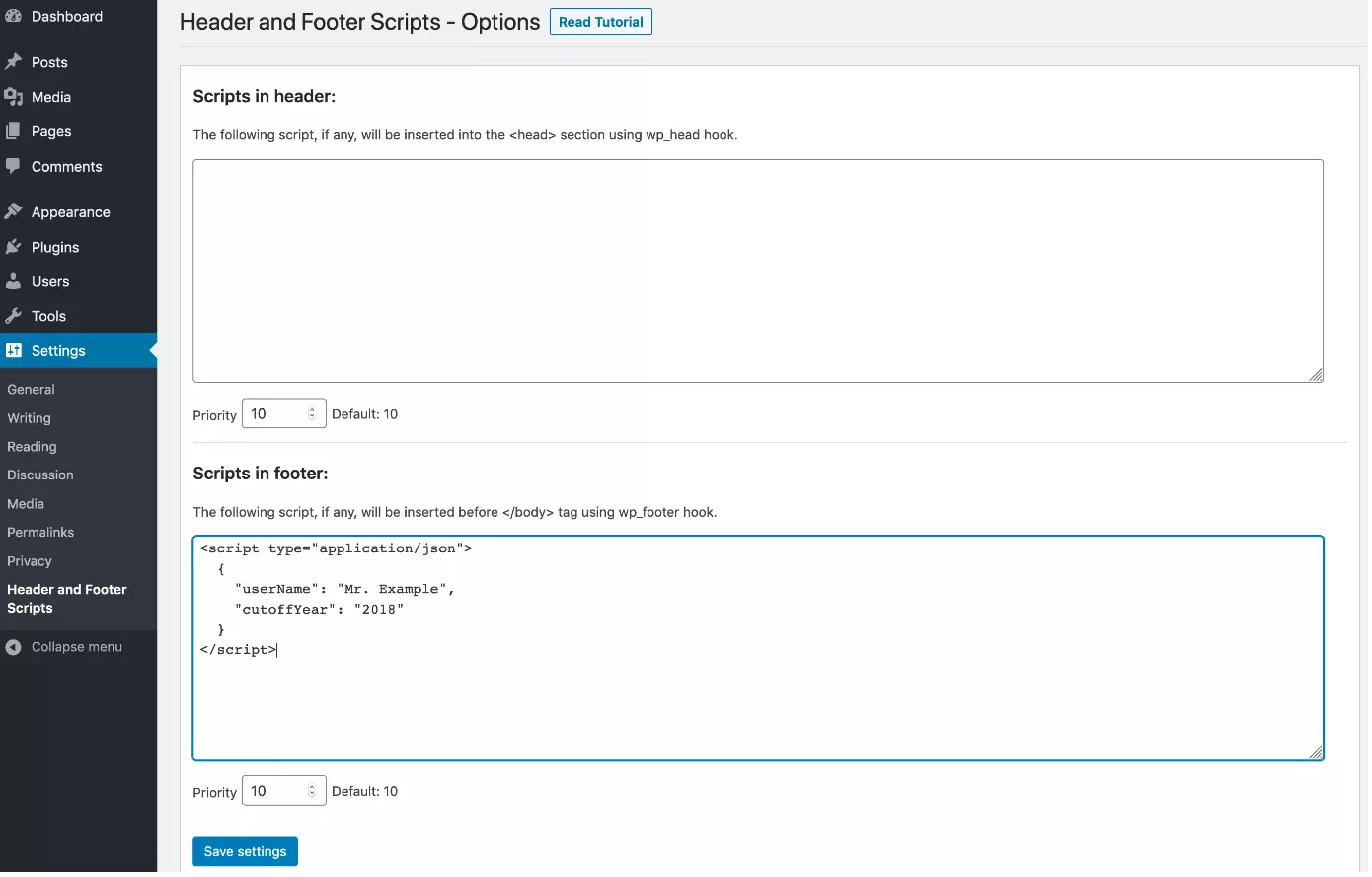 Insert script markup in WordPress footer