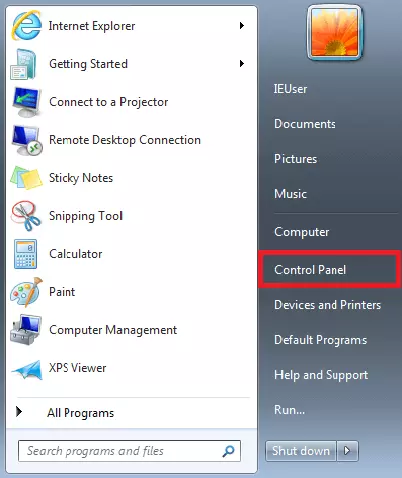 Windows 7 start menu showing the Control Panel button