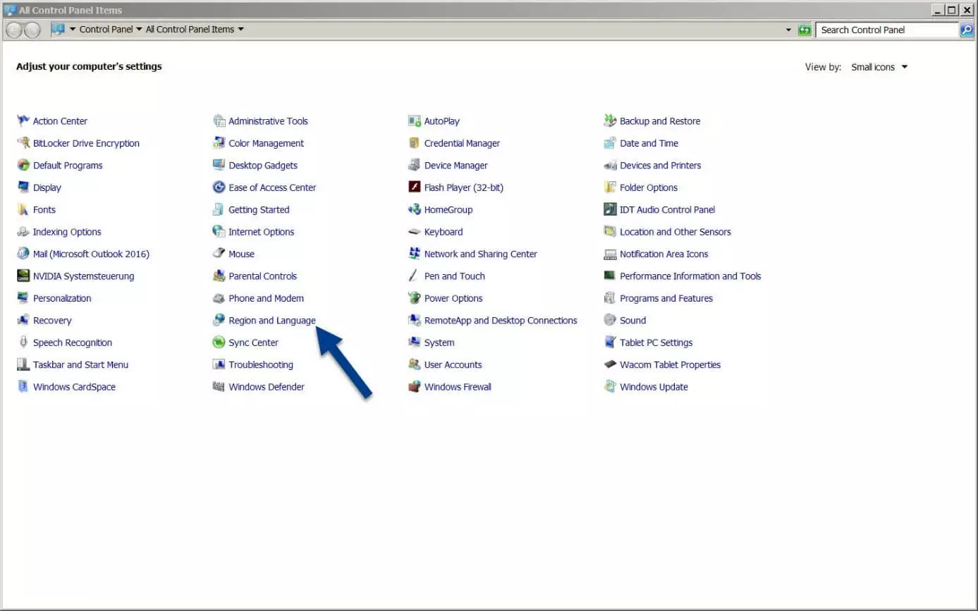 “Region and Language” option in the Windows 7 Control Panel