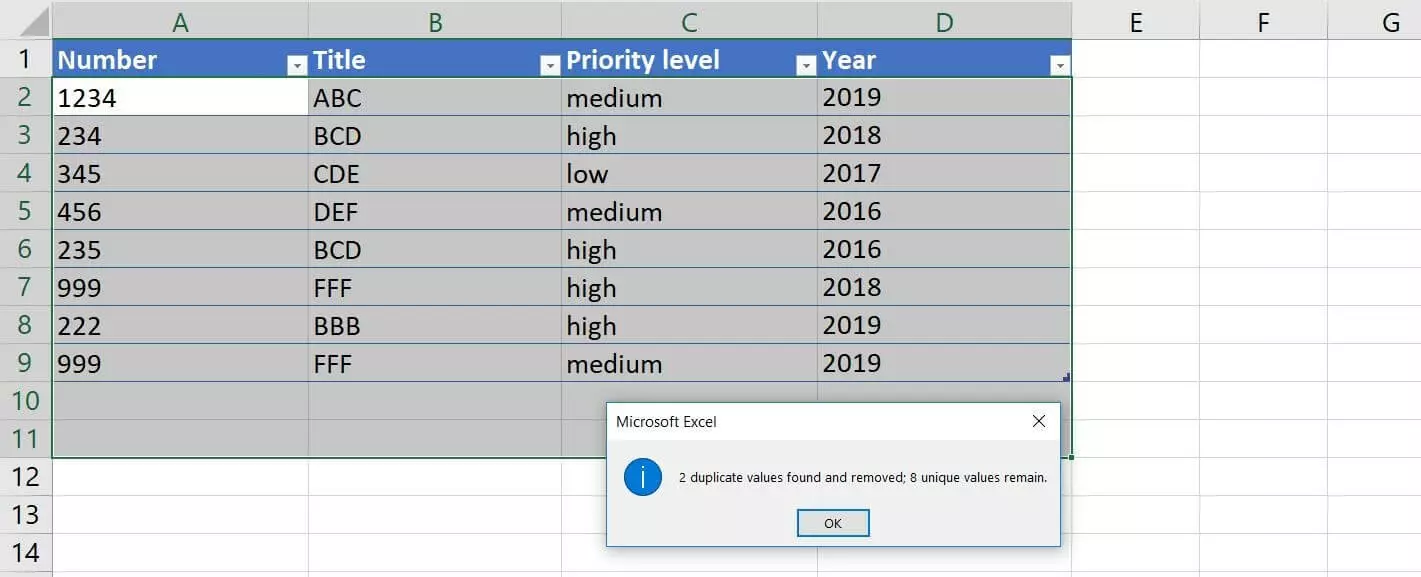 Microsoft Excel 2016: Message about the duplicates removed