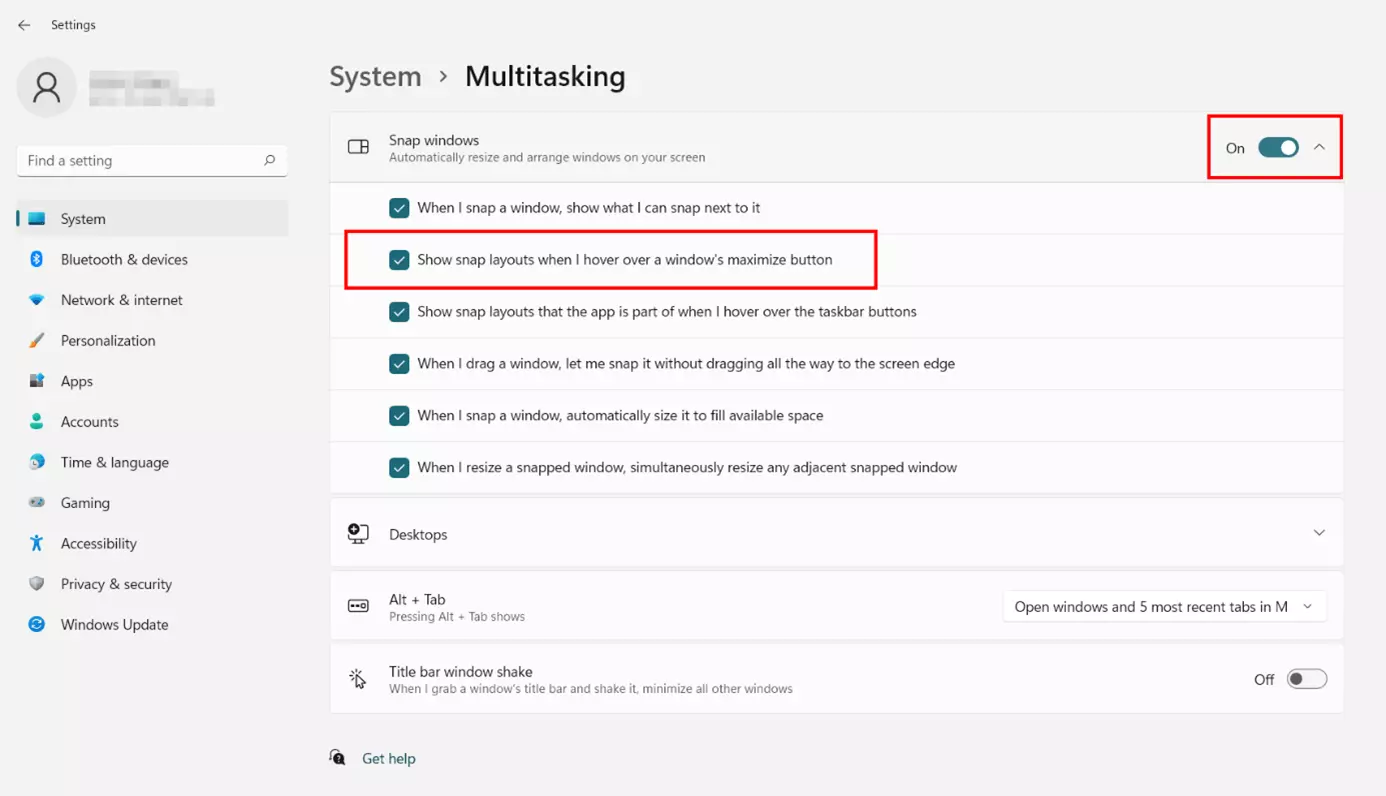 Windows 11: Snap Assist in “Multitasking” menu