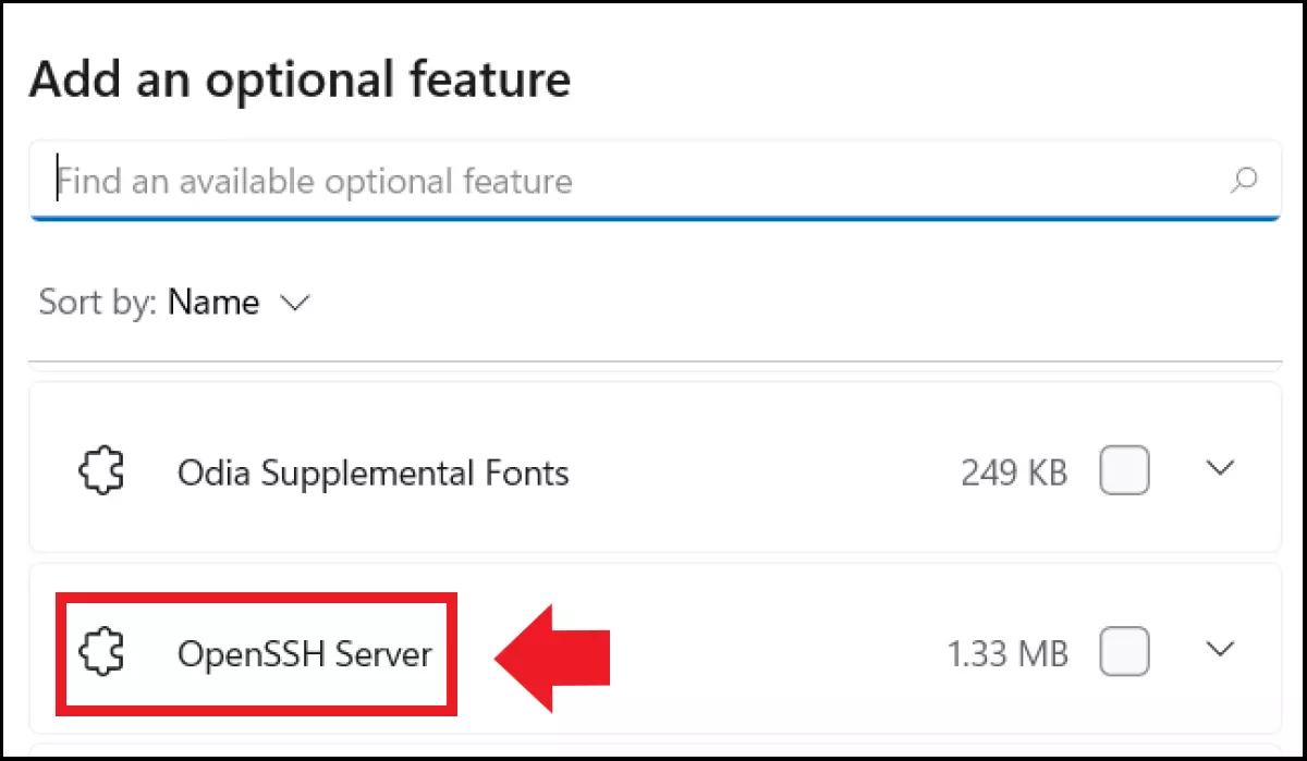 The installation of the OpenSSH server under Optional Features