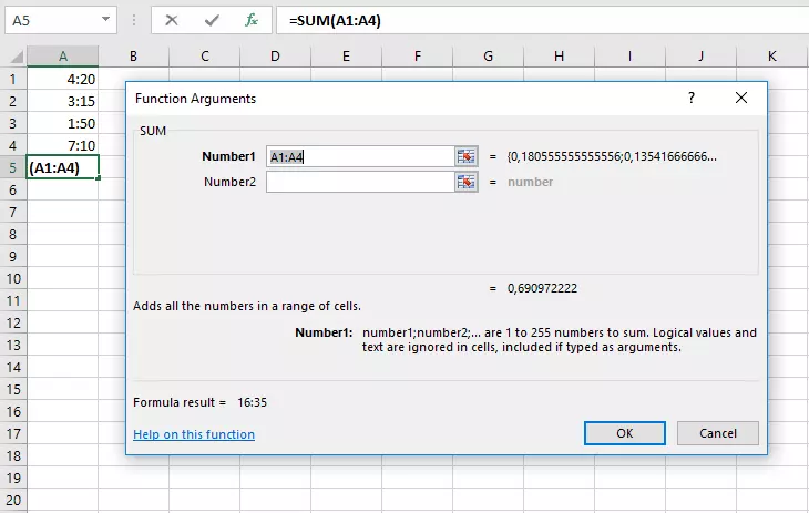 Window with input options for the SUM function for adding times in Excel