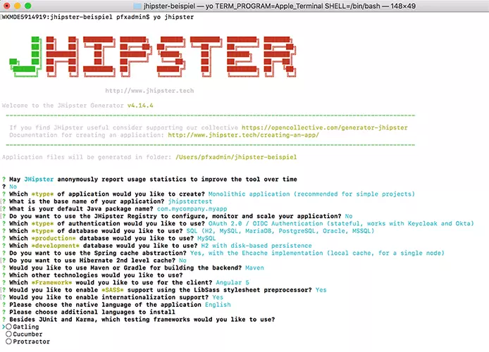 macOS terminal: generating a JHipster example application