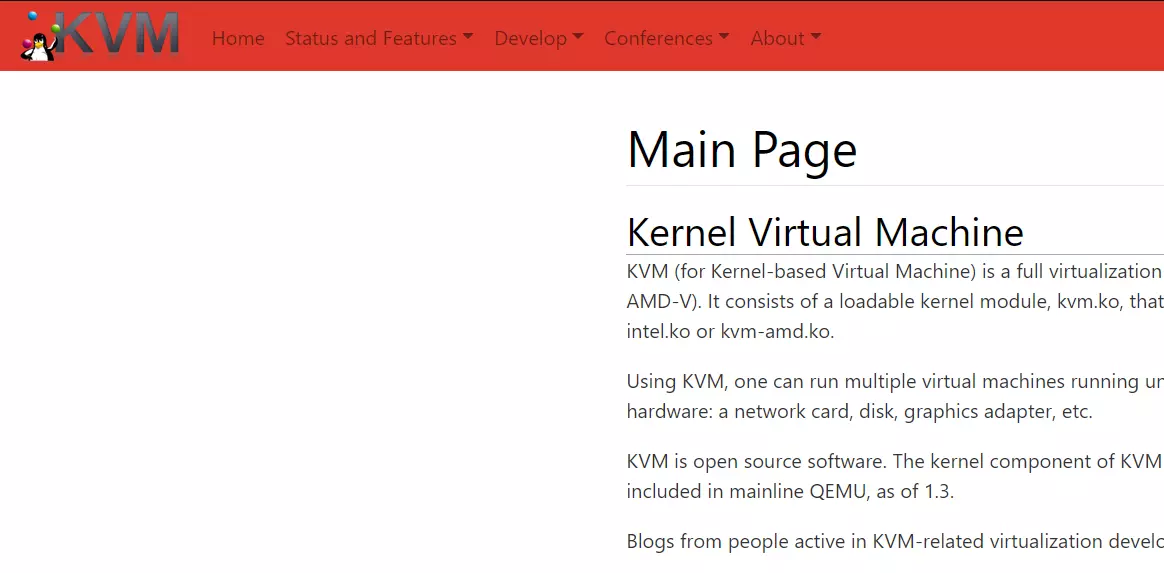 Screenshot of the KVM website