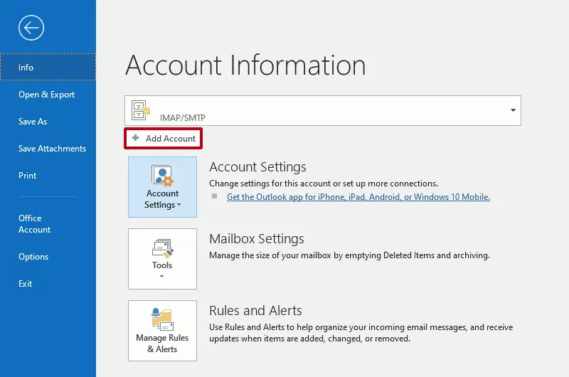 Outlook: Button “Add account”