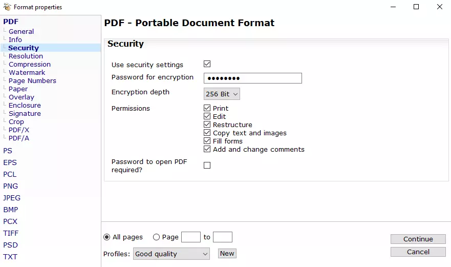 PDF24 Creator: “Security” menu