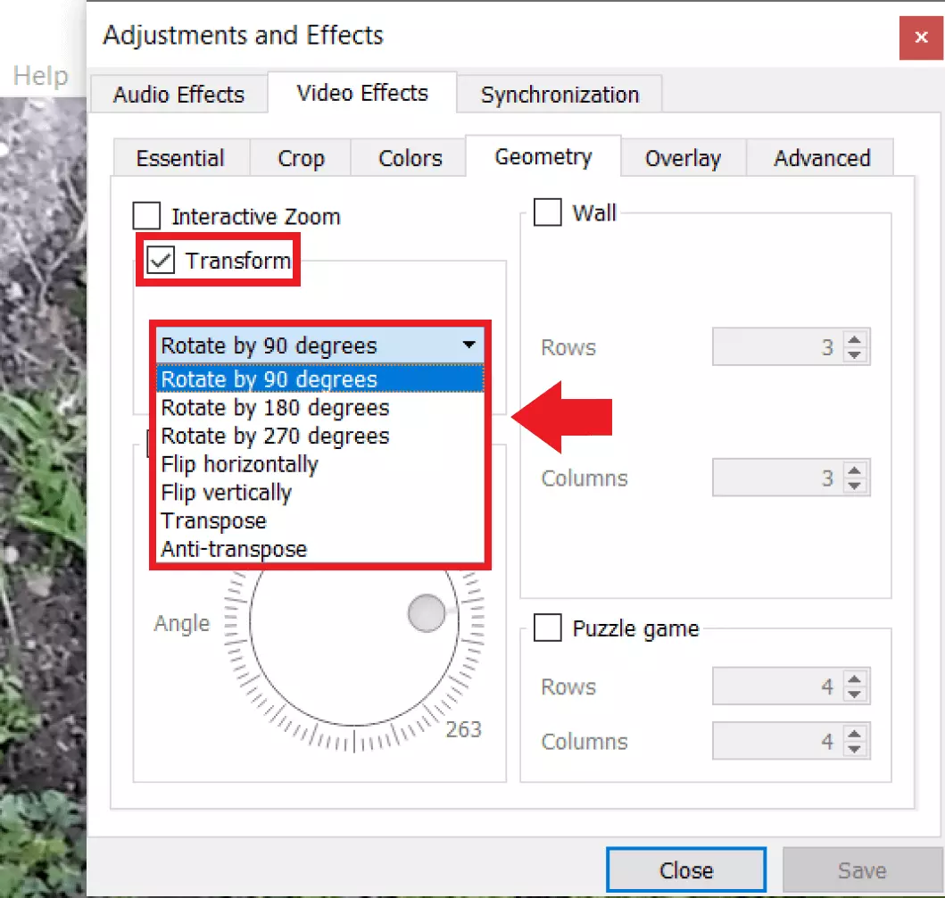 The “Transform” option lets you define the angle of your video