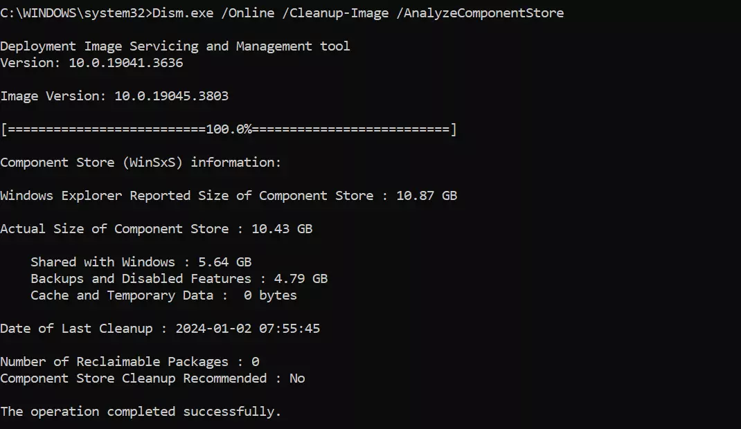 DISM analysis of the WinSxS folder in Windows 10