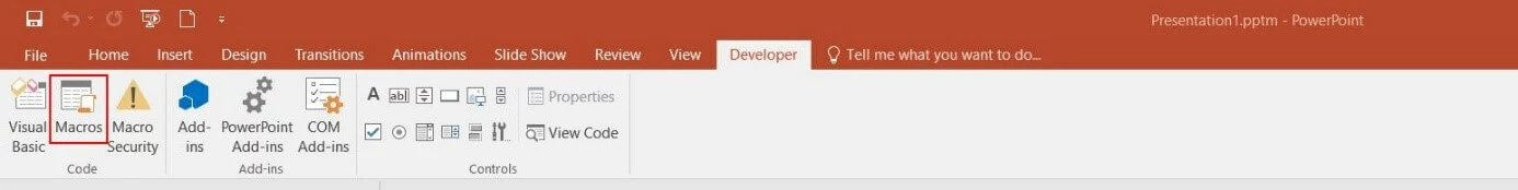 Ribbon for the PowerPoint tab “Developer”