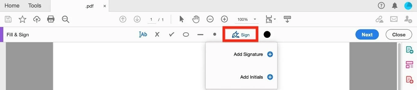 Adobe Acrobat menu “Sign” with options