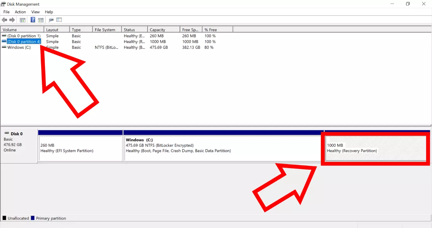 Windows Disk Management screenshot showing the disk 0 partition with the recovery partition