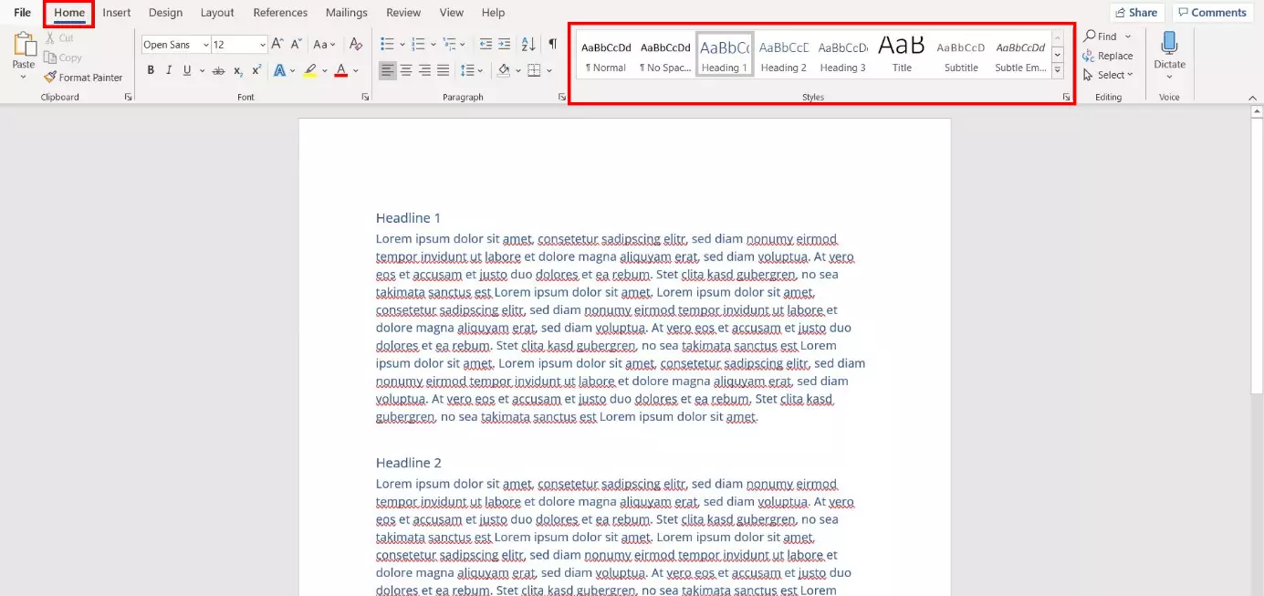 Word format templates in the menu ribbon