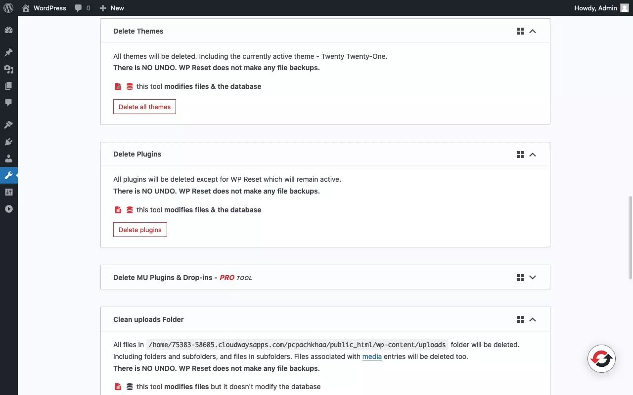 Screenshot of the tools page of the “WP Reset” plugin (2/3)