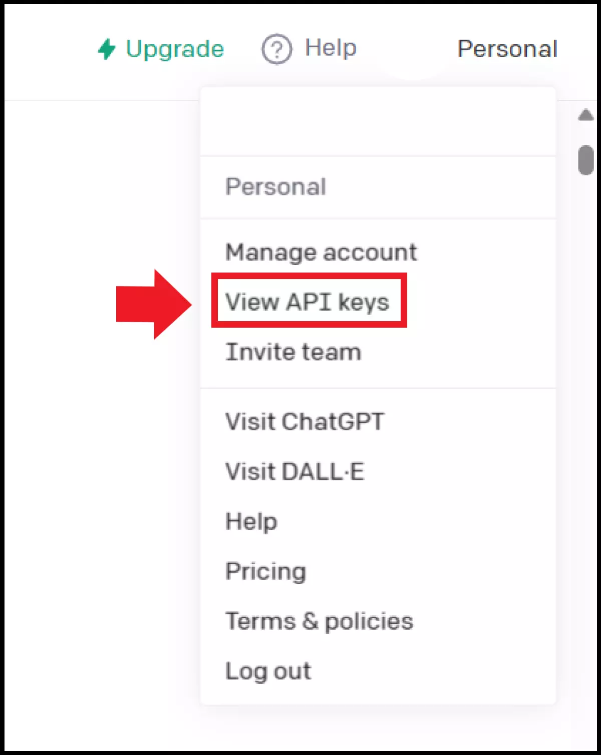 The “View API keys” tab in the menu