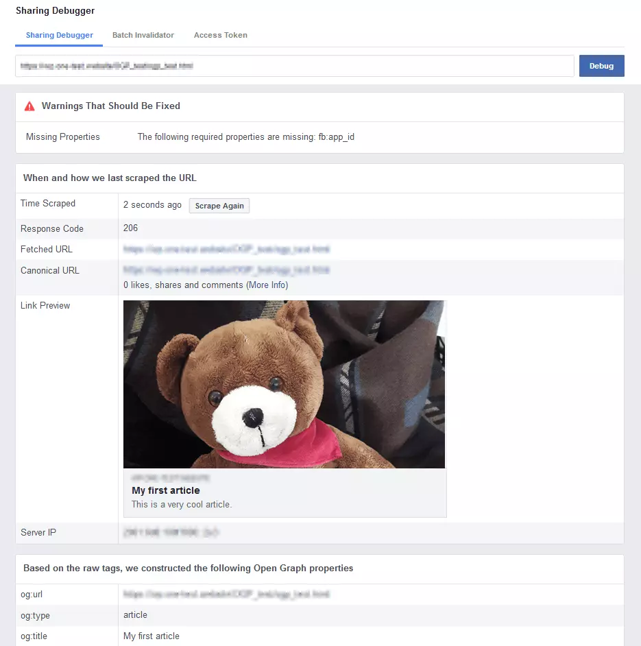 Facebook’s Sharing Debugger for checking Open Graph