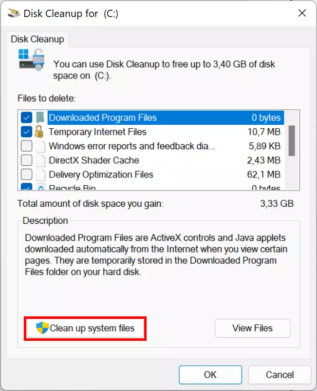 Disk cleanup for the C drive