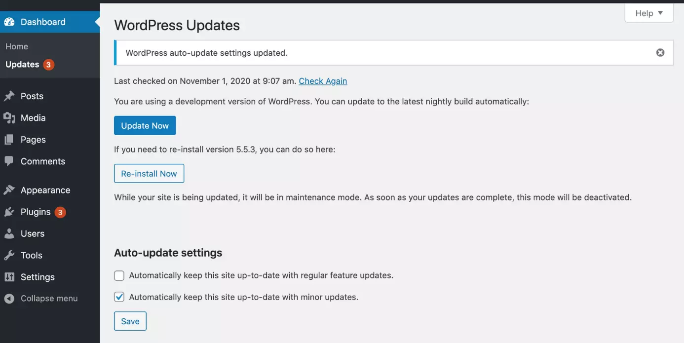 Screenshot of WordPress dashboards with latest available updates