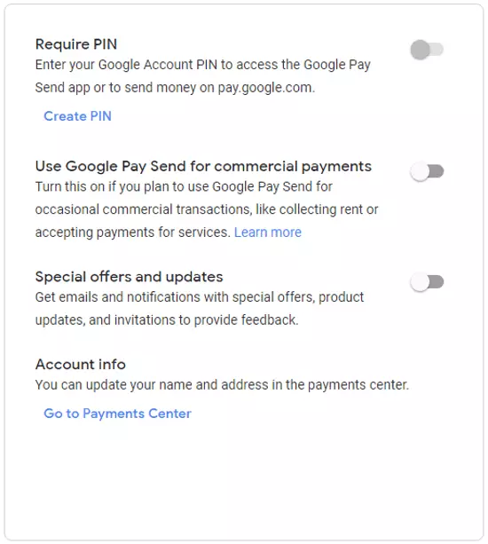 Settings in Google Pay