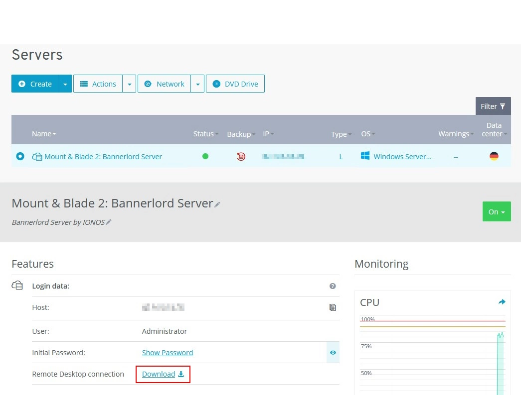 Bannerlord Server in the IONOS customer account