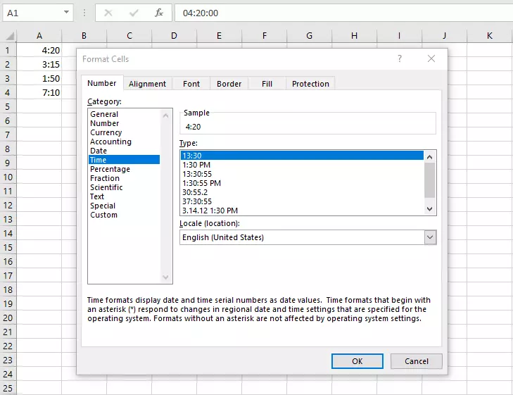 Menu for formatting cells in Excel