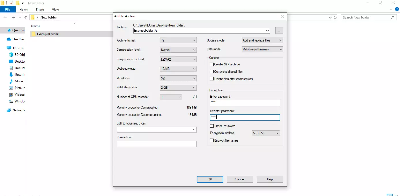 7-Zip: Configuration mask for password protecting archive files