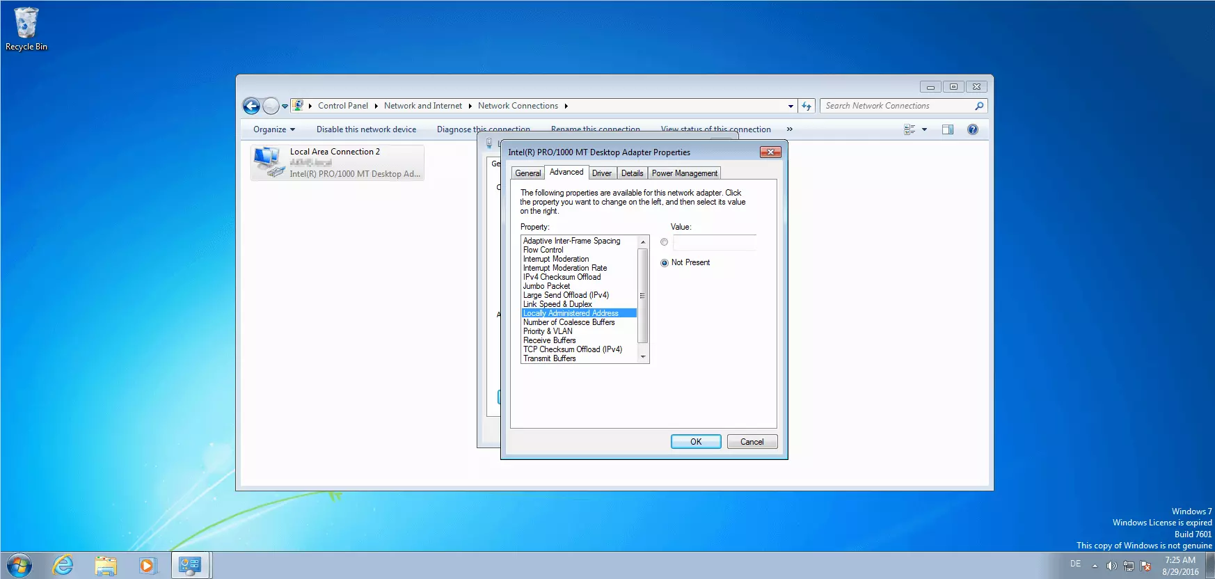 Advanced settings of the network card