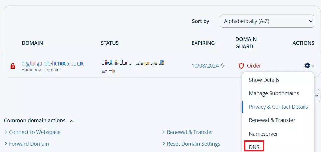 List view of the domains at IONOS