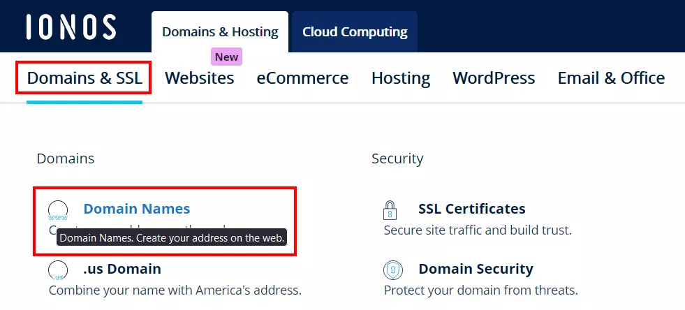 IONOS Website: Domains & SSL menu