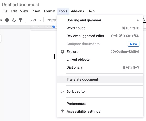 Google Docs translation function