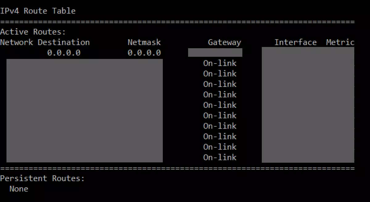 A routing table in the Windows command prompt