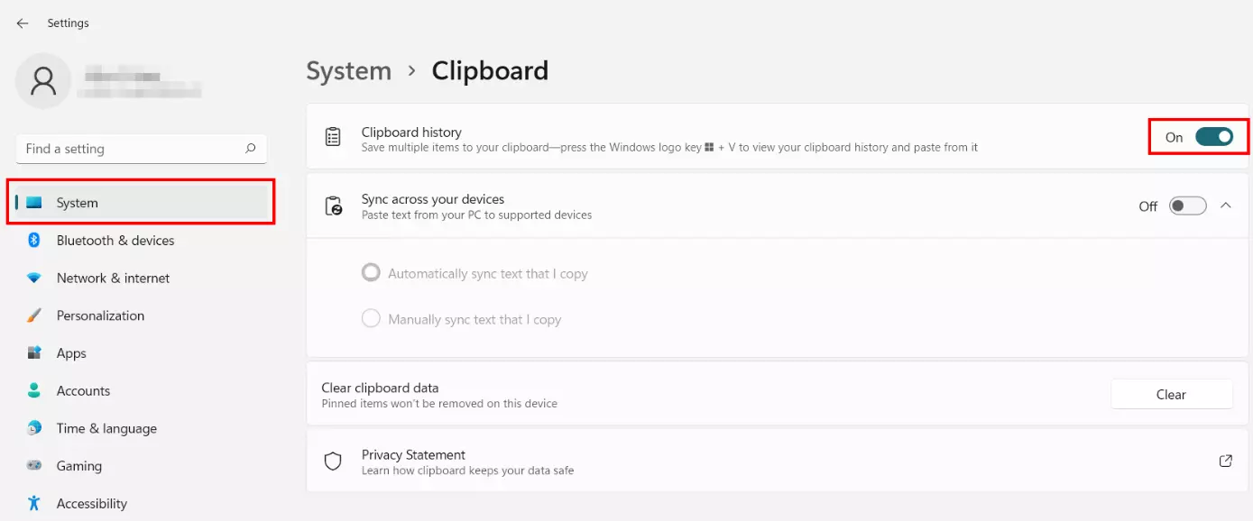 Windows 11: Clipboard history active